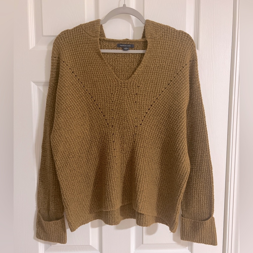 American Eagle Women's Long Sleeve Hoodie Knit Pullover - Mustard/Yellow - Large